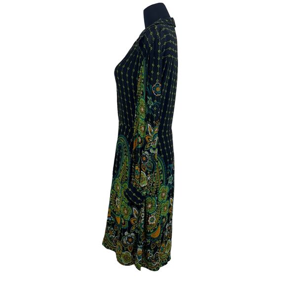 Vintage 70s Psychedelic Paisley Shirt Dress – Black, Green, Floral, M - Picture 2 of 16